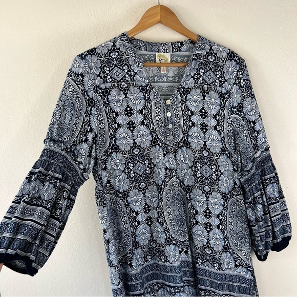Anthropologie Fig & Flower Bohemian Rayon Balloon Sleeve Tunic Blouse L - Picture 10 of 13